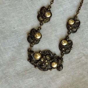 Antique Filigree Necklace Faux Pearl Beaded Statement Choker Costume Jewelry